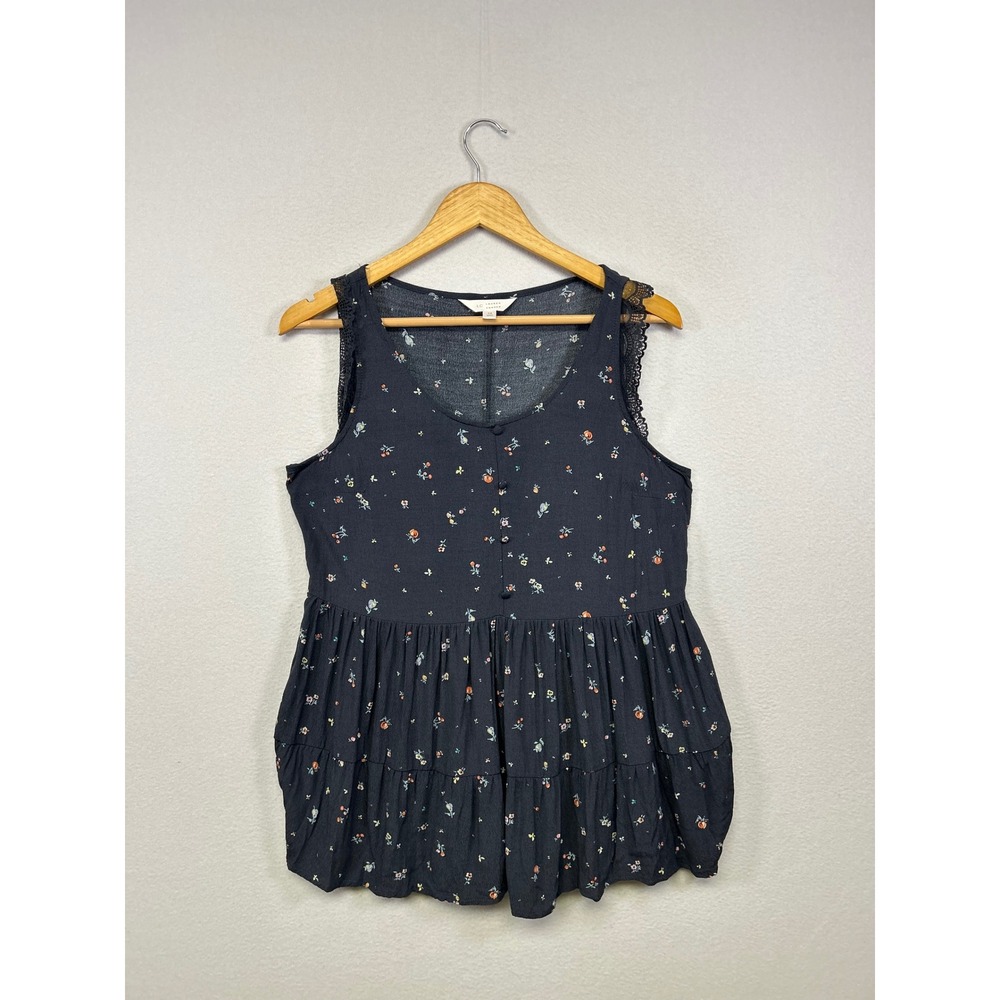 Cottagecore LC Lauren Conrad Womens Med Navy Floral Lace Trim Babydoll Tank Top